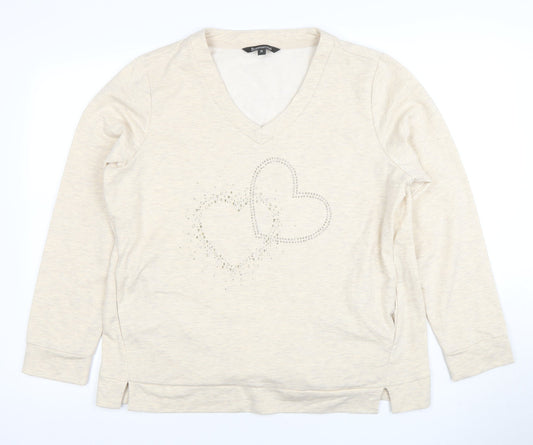 Bonmarche Women’s Beige Heart Studded V-Neck Pullover Sweatshirt Size 16