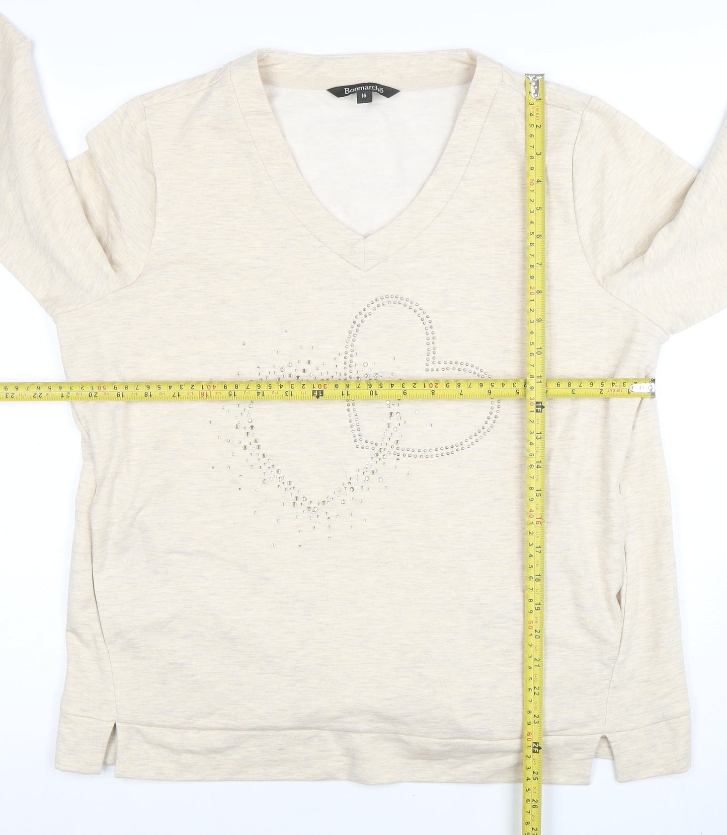 Bonmarche Women’s Beige Heart Studded V-Neck Pullover Sweatshirt Size 16