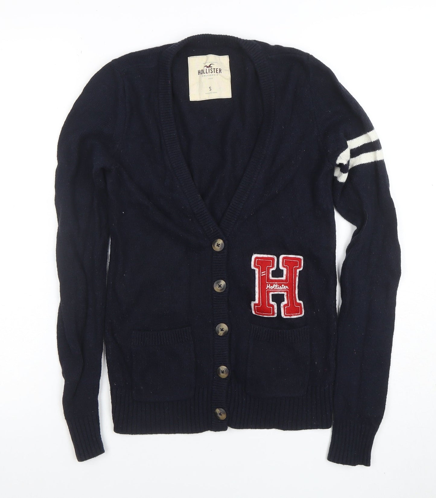 Hollister Men's Blue V-Neck Cardigan S College Style Knit Jumper