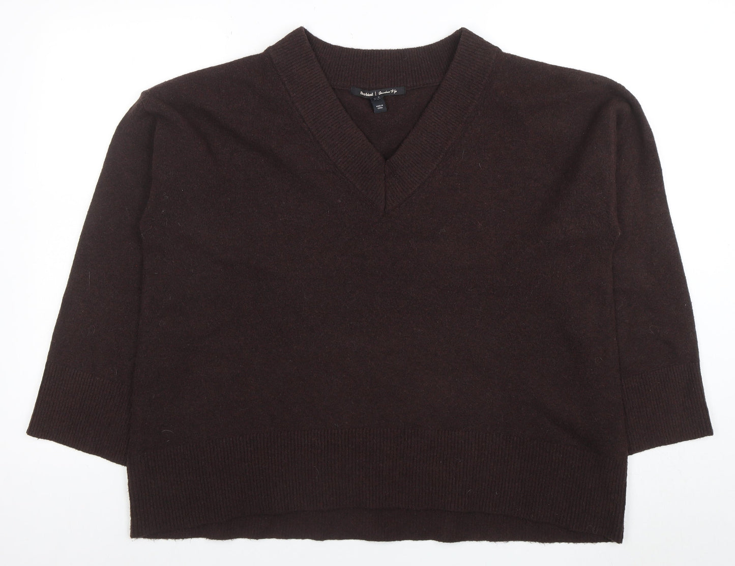 River Island Women Brown V-Neck Wool Blend Pullover Jumper Size L
