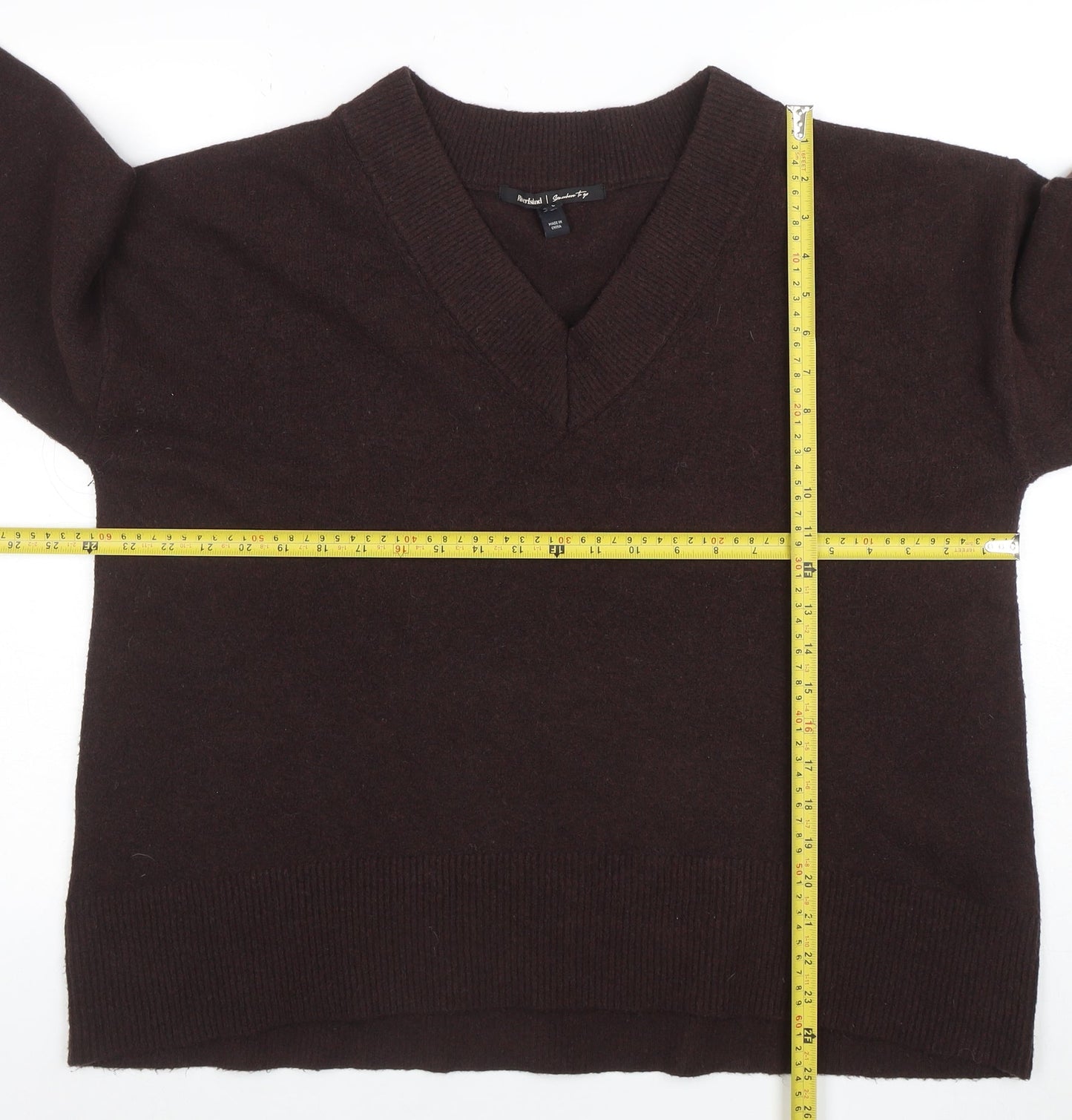 River Island Women Brown V-Neck Wool Blend Pullover Jumper Size L