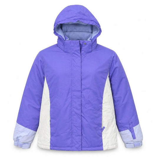 Front view of Mountain Warehouse girls’ purple ski jacket 13 years waterproof hooded winter coat