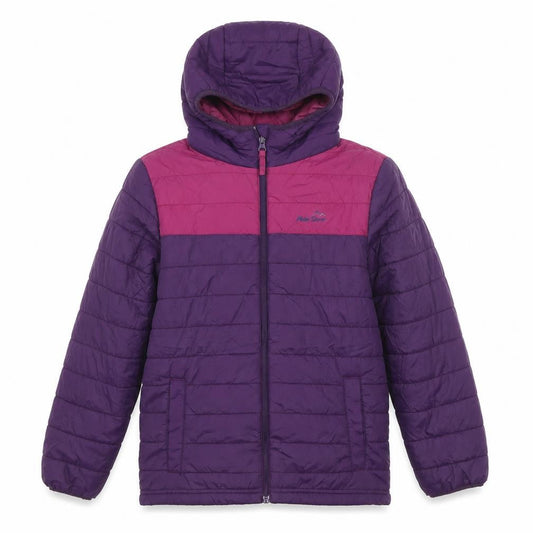 Front view of Peter Storm girls’ purple puffer jacket 11-12 years hooded winter coat