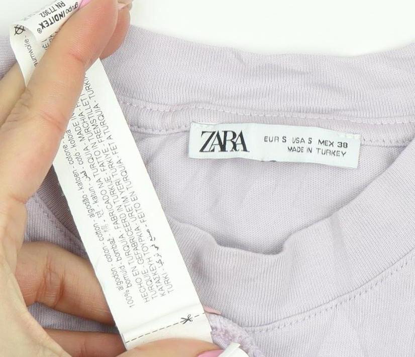 ZARA Womens Purple Cotton T-Shirt S Crew Neck Summer Top