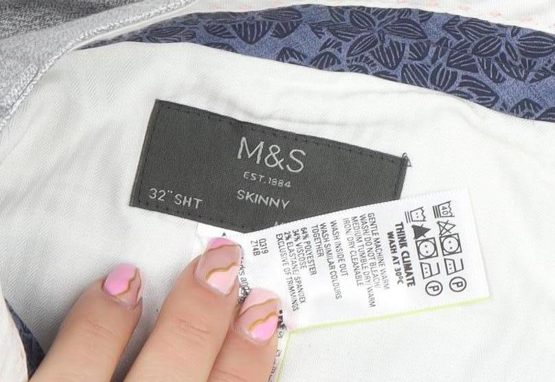 Marks and Spencer Men's Grey Check Skinny Fit Trousers 32 Short
