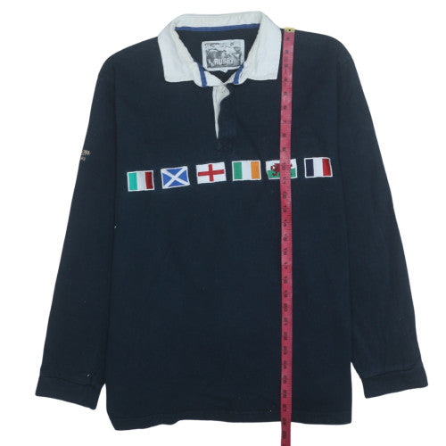 Rugby Men's Blue Embroidered Flag Long Sleeve Polo Shirt XL