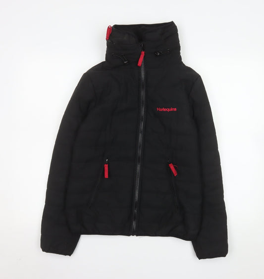 Harlequins Womens Black Hooded Puffer Jacket M Polyester Zip