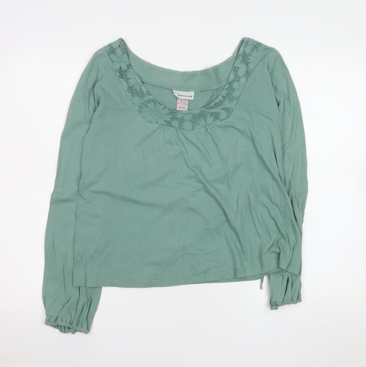 Warehouse Women’s Green Cotton Long Sleeve Crochet Blouse Size 16