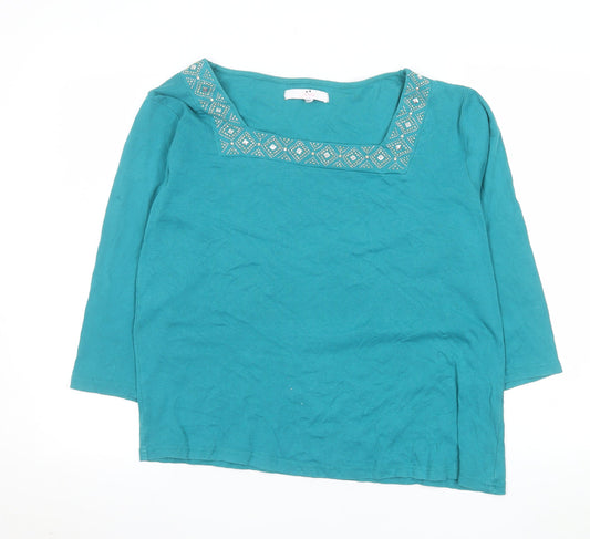 Julipa Women Blue Cotton 3/4 Sleeve Square Neck Beaded Blouse UK 18
