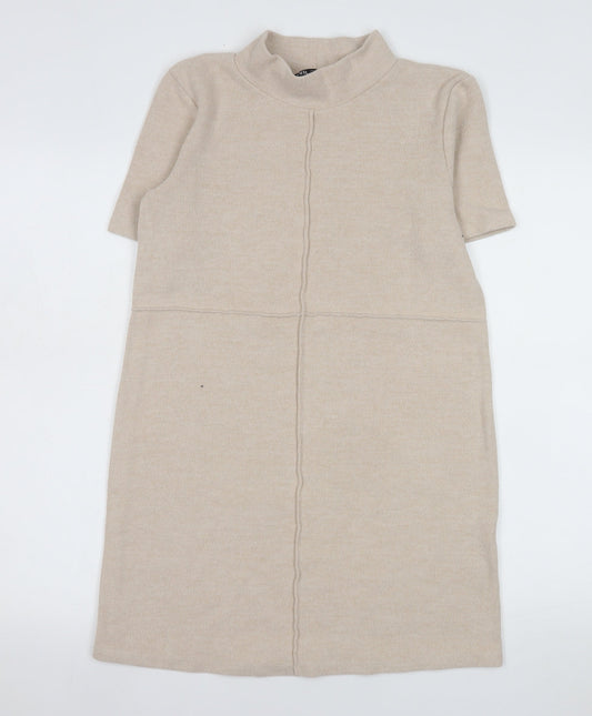 ZARA Women Beige Knit Shift Dress Size 8 Mock Neck Short Sleeve