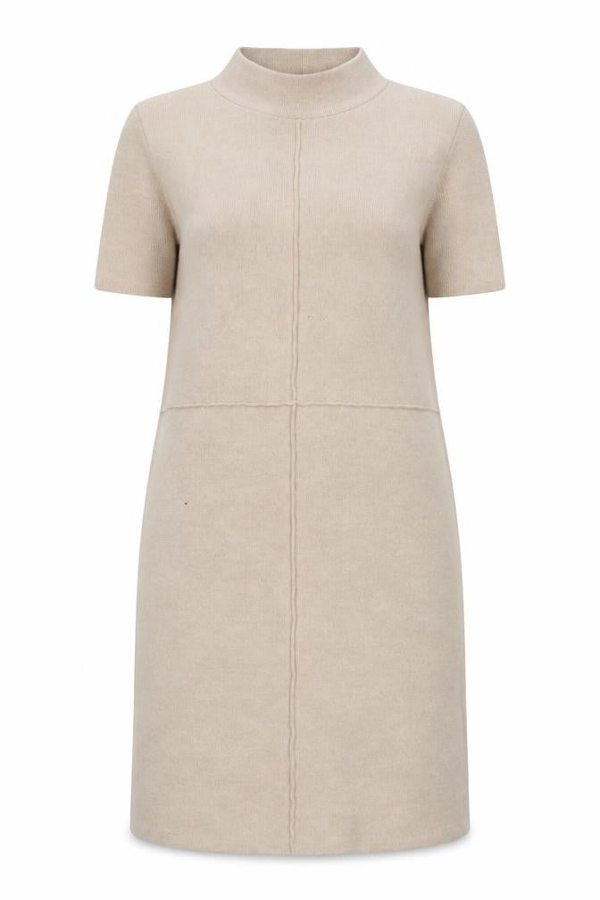 ZARA Women Beige Knit Shift Dress Size 8 Mock Neck Short Sleeve