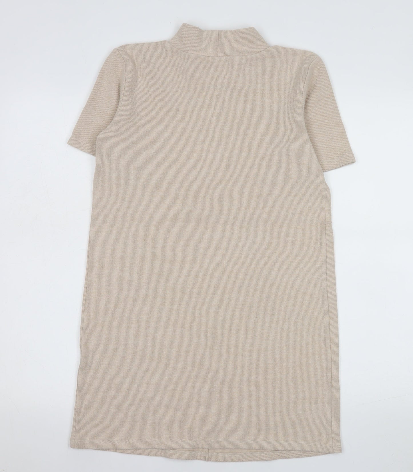 ZARA Women Beige Knit Shift Dress Size 8 Mock Neck Short Sleeve