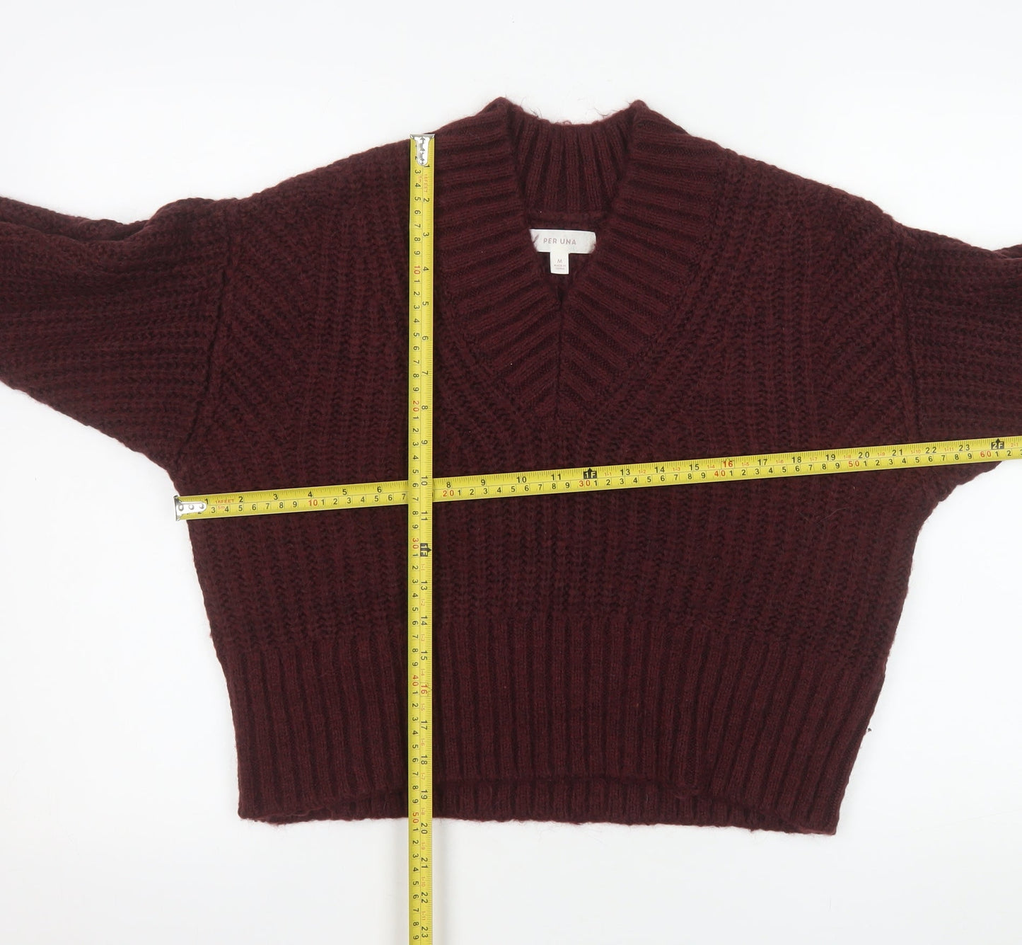 Marks and Spencer Per Una Women's Burgundy V-Neck Chunky Knit Jumper Size M