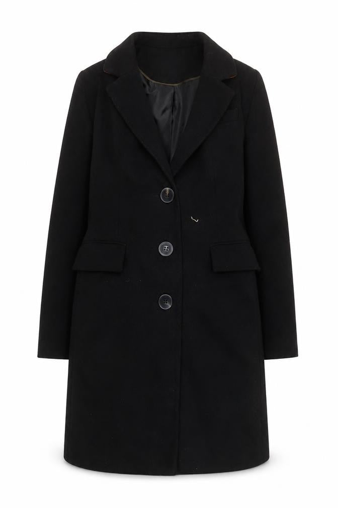 Warehouse Women's Black Mid-Length Overcoat Size 8 Lined Buttoned Classic