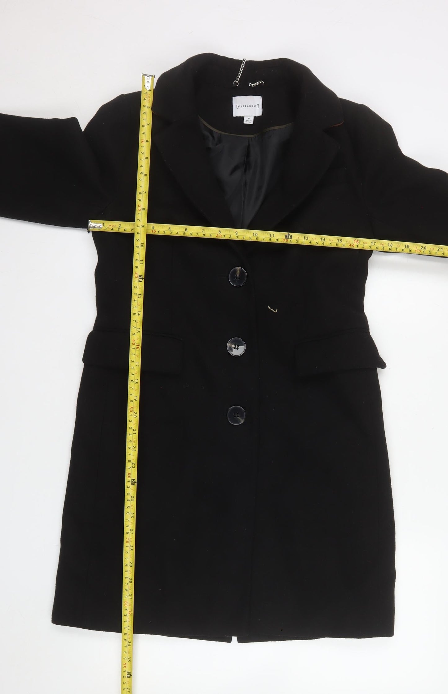 Warehouse Women's Black Mid-Length Overcoat Size 8 Lined Buttoned Classic