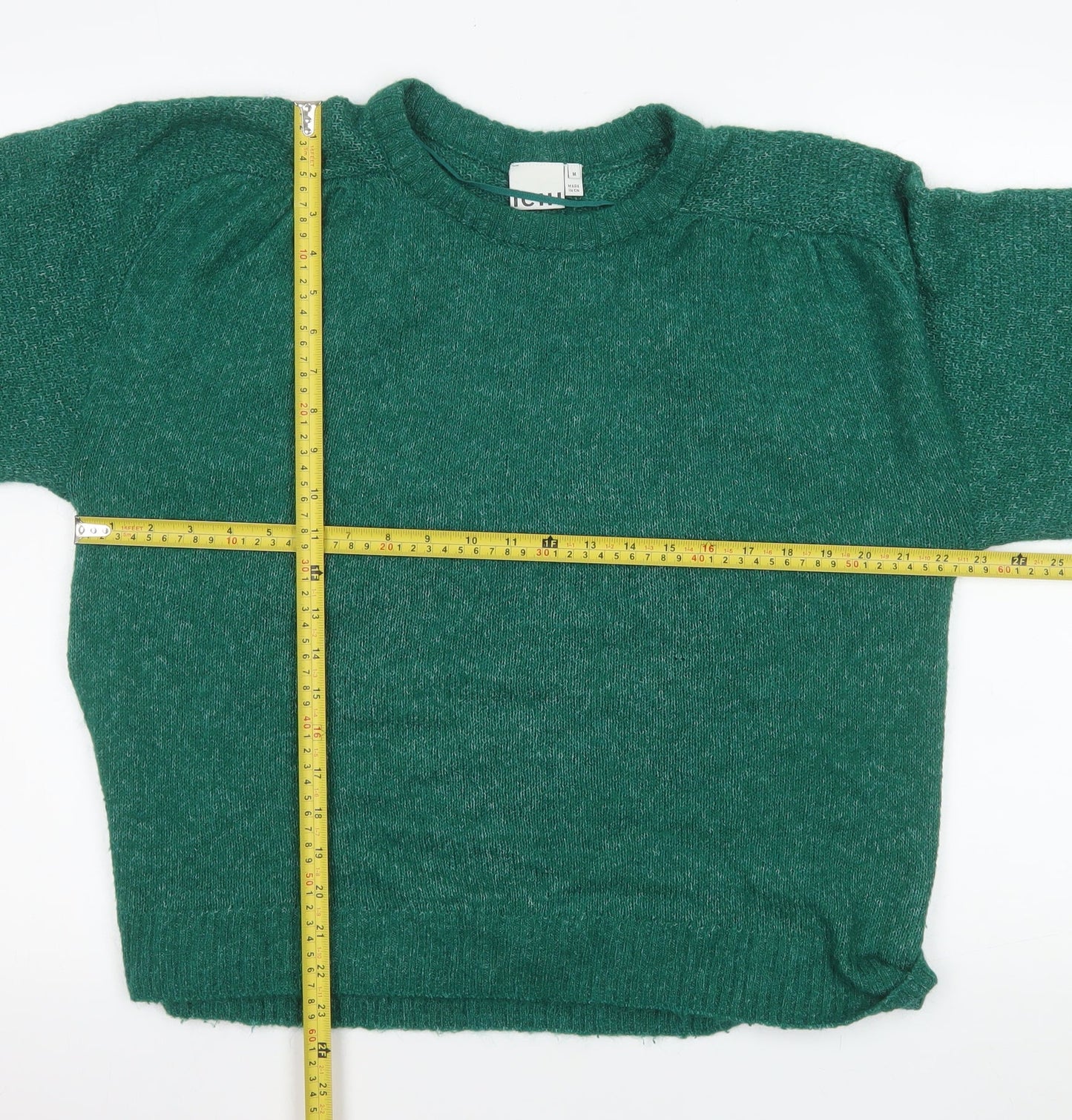 ICHI Women Green Knit Pullover Jumper M Crew Neck Long Sleeve