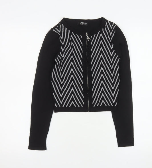Jane Norman Women's Black Geometric Zip Knit Cropped Jacket Size 8