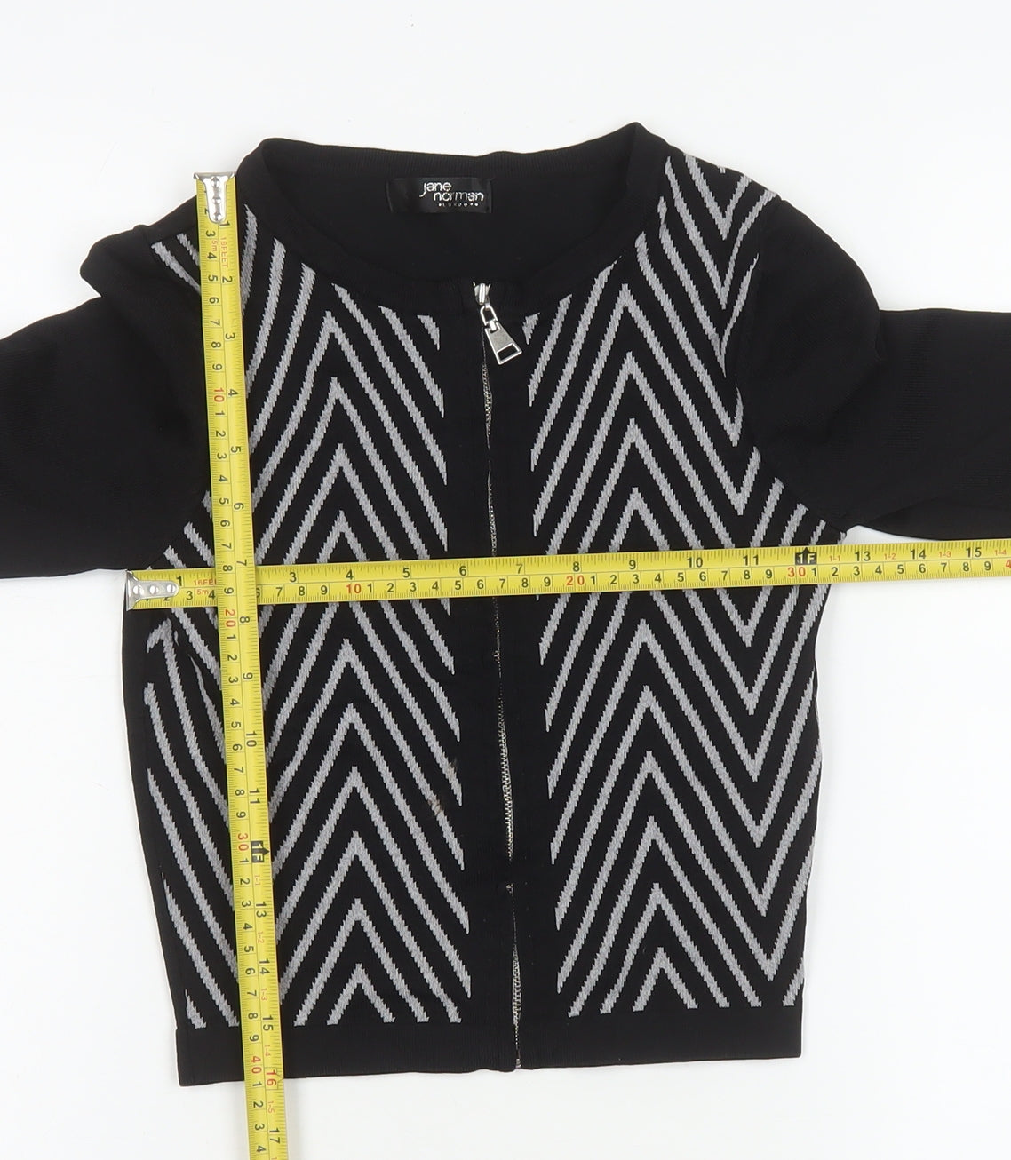 Jane Norman Women's Black Geometric Zip Knit Cropped Jacket Size 8