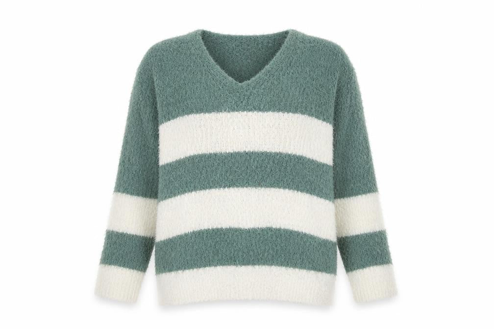 SO Womens Green White Striped V-Neck Pullover Jumper XL
