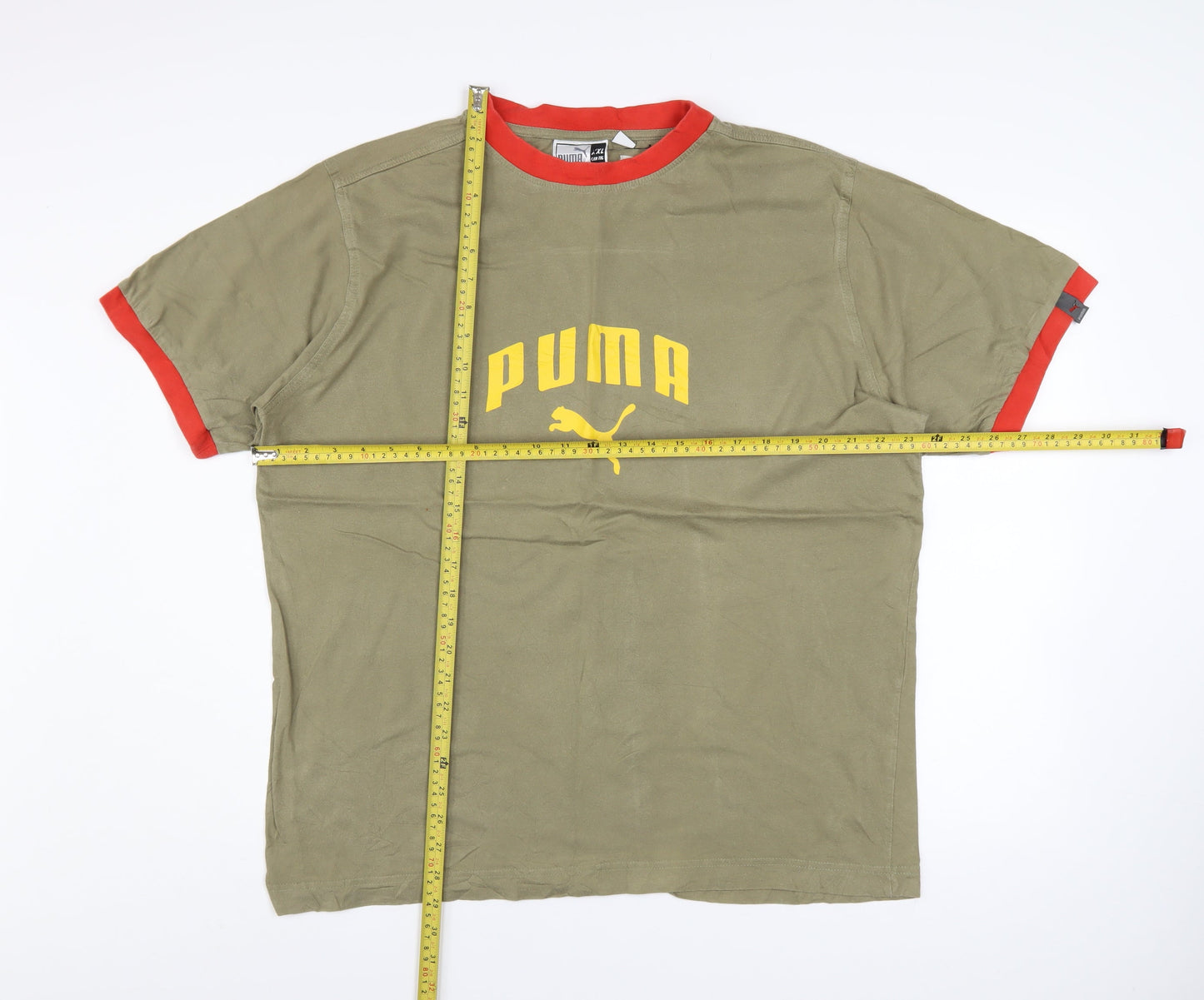 Puma Men's Khaki Red Crew Neck Short Sleeve T-Shirt XL Classic Logo