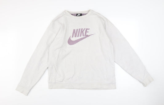 Nike Women’s Beige Pullover Sweatshirt L Logo Print Cotton Blend