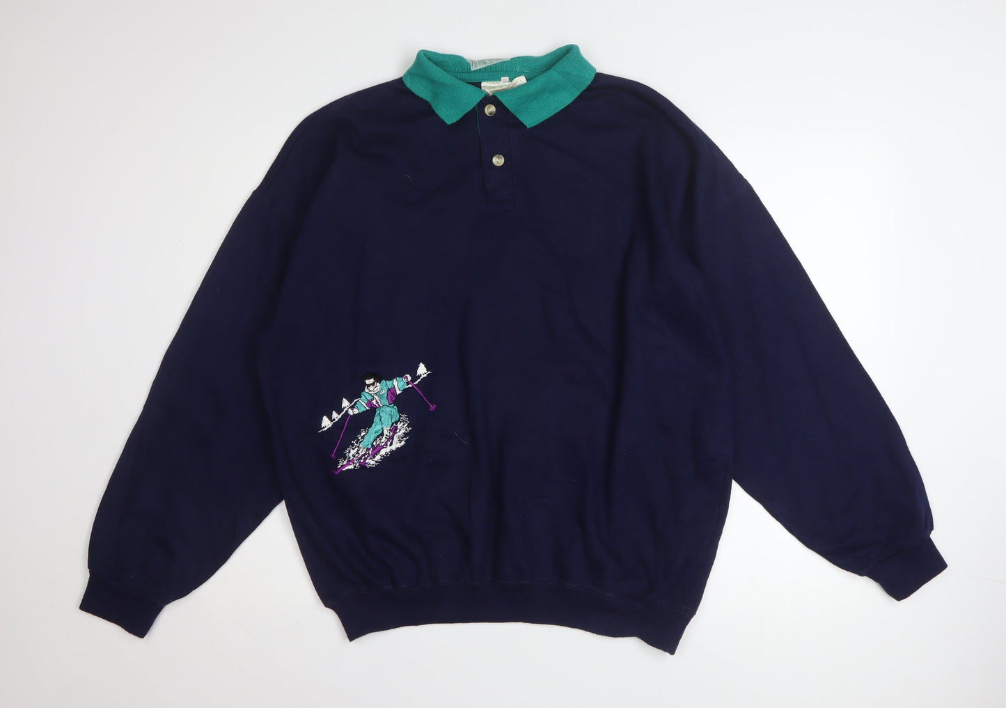 Sporting Women Navy Ski Embroidered Henley Sweatshirt XL