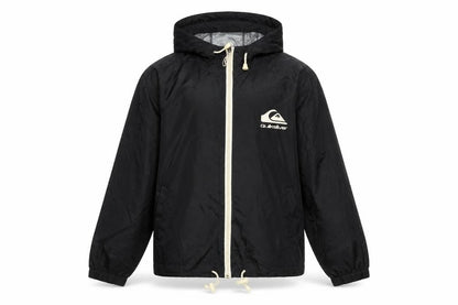 Front view of Quiksilver boys’ black hooded zip windbreaker jacket 12 years