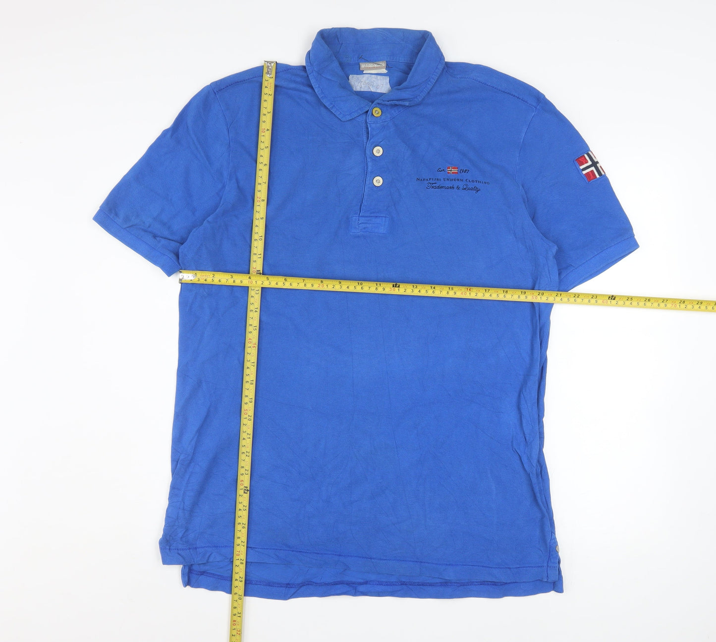 Napapijri Men’s Blue Cotton Polo Shirt Size L Embroidered Flag Logo