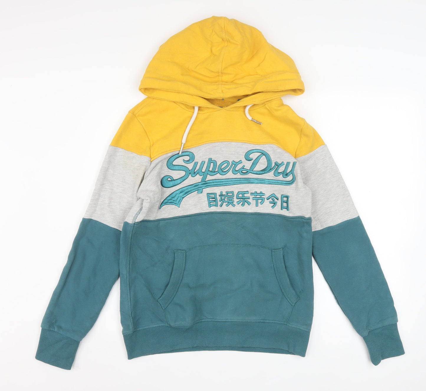 Superdry Womens Yellow Teal Grey Pullover Hoodie Size 12
