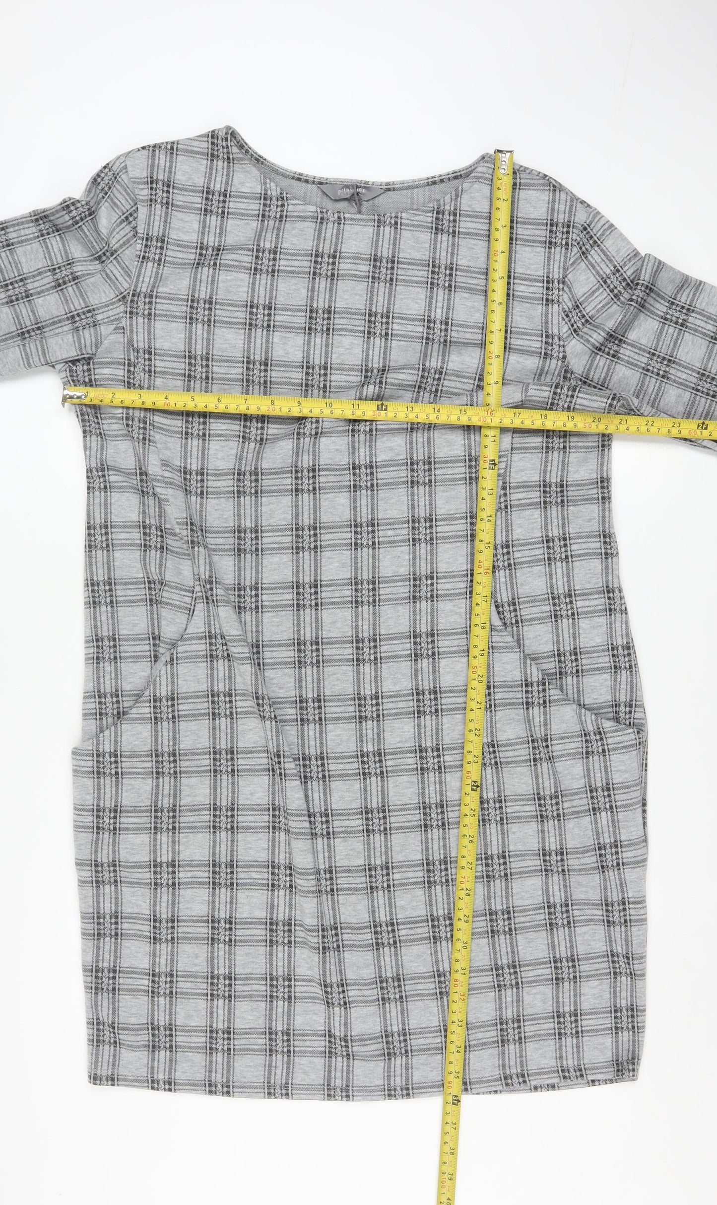 Principles Women Grey Check Shift Dress Size 18 Long Sleeve Knitwear