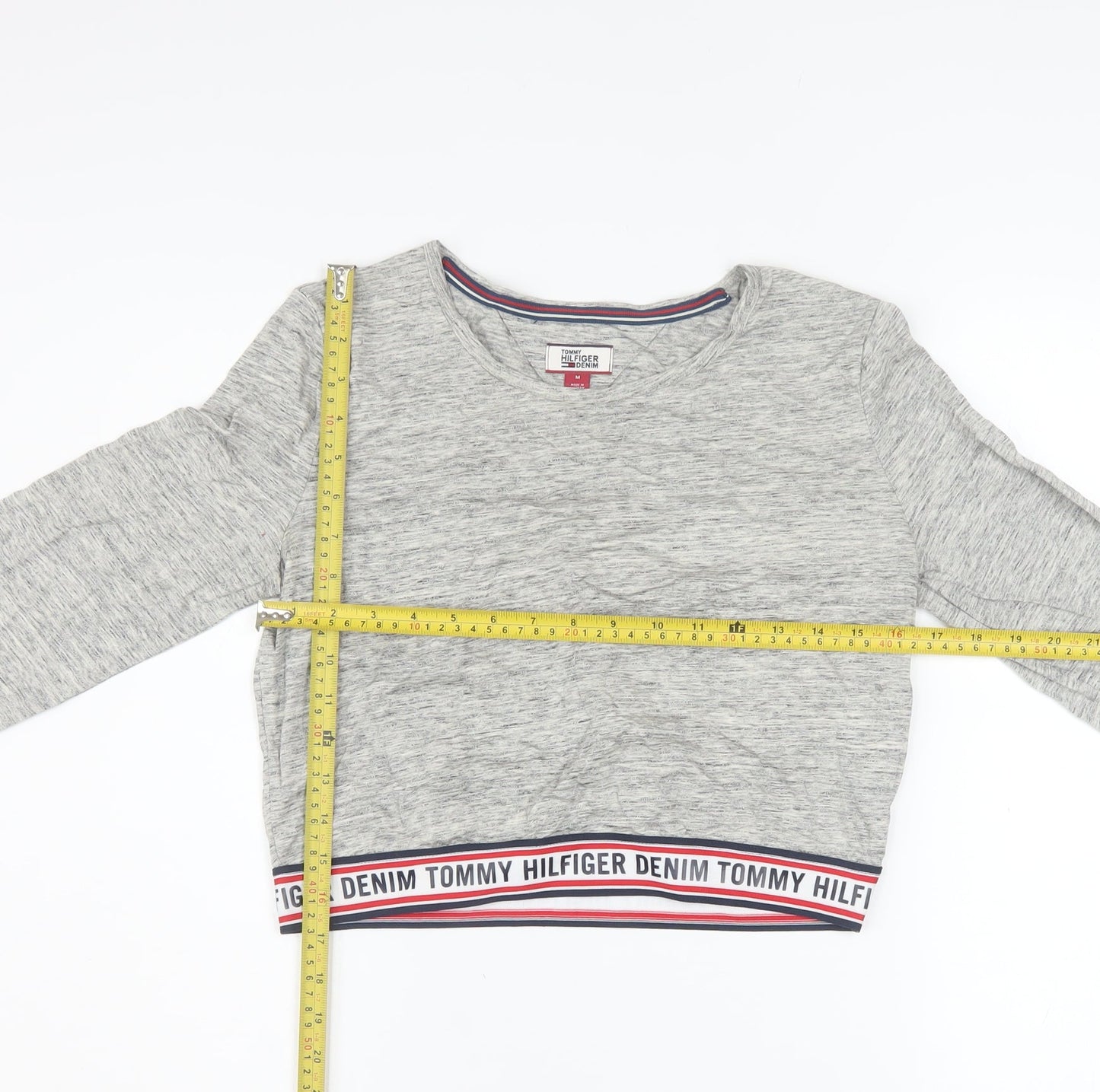 Tommy Hilfiger Women Grey Cropped Long Sleeve Cotton T-Shirt M