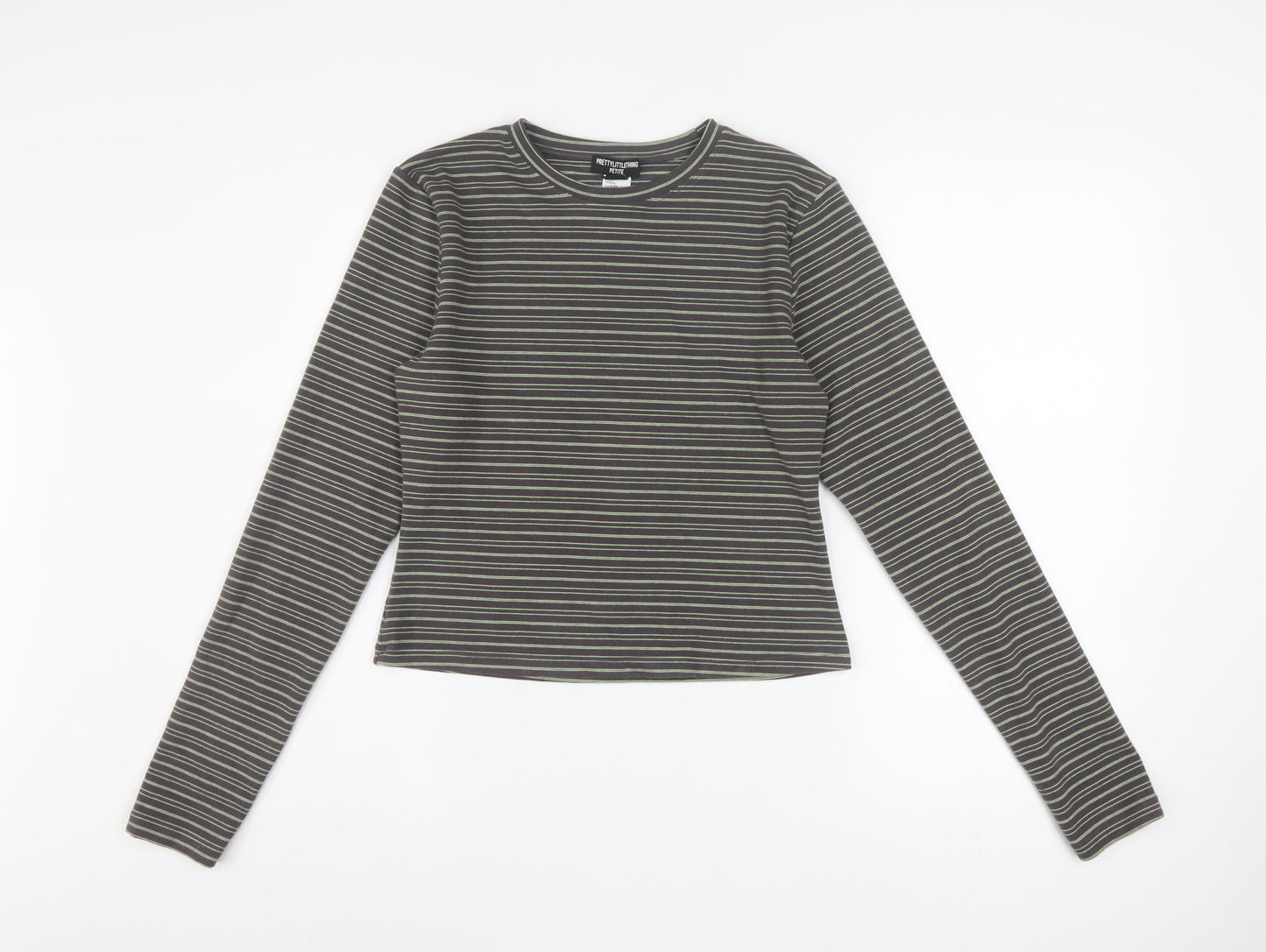 PrettyLittleThing Women's Grey Striped Petite Long Sleeve Cropped T-Shirt L
