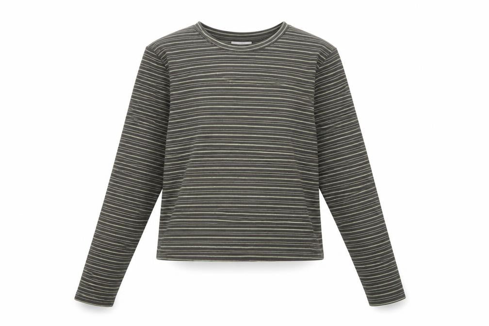 PRETTYLITTLETHING Women's Grey Striped Petite Long Sleeve Cropped T-Shirt L