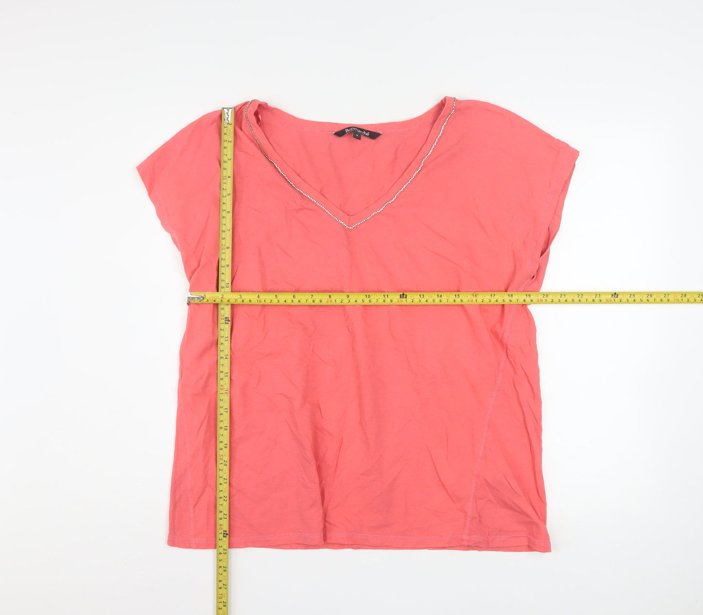 Bonmarché Women's Pink Linen Blend Beaded V-Neck T-Shirt Size 18