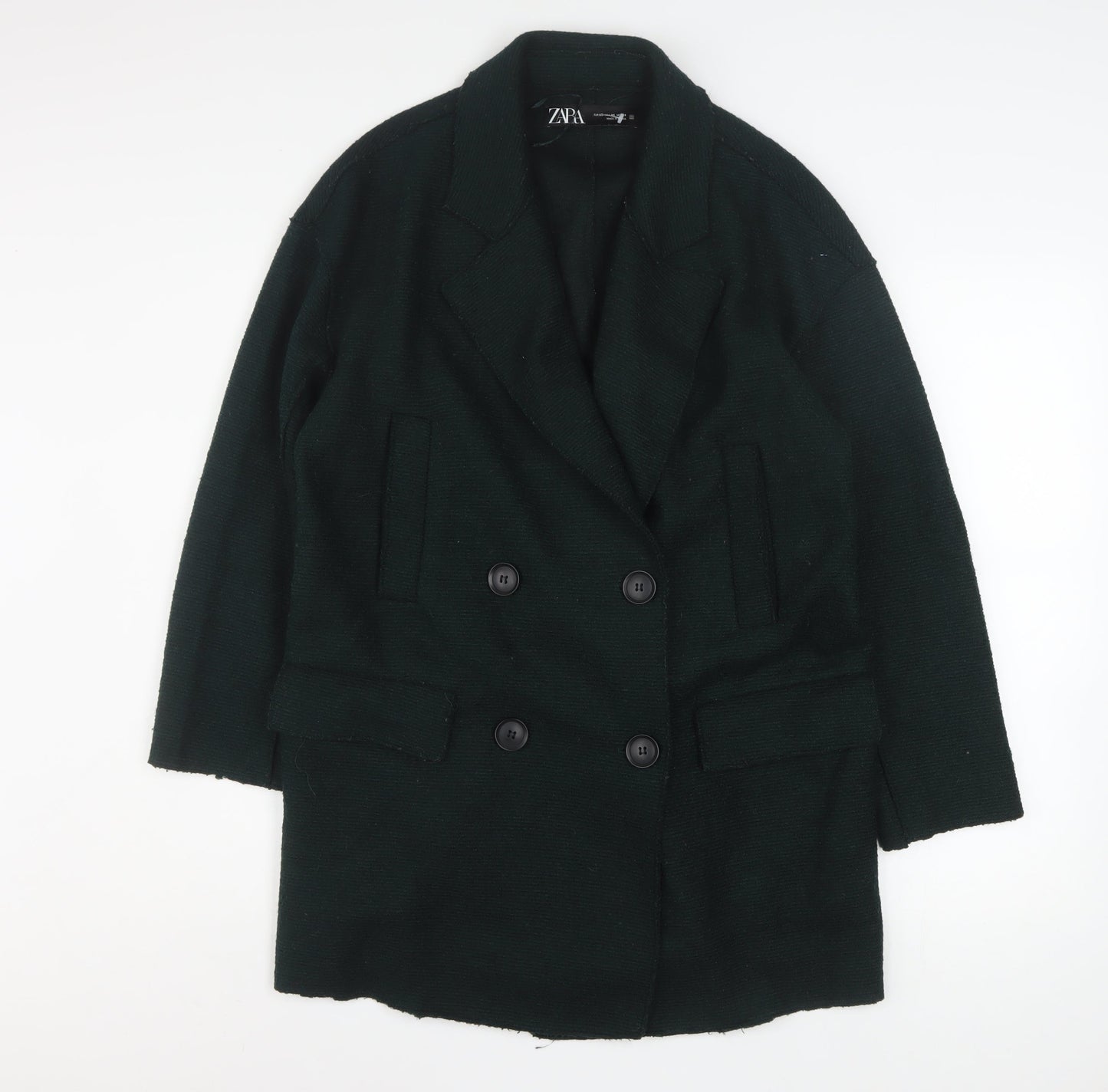Zara Women Black Wool Blend Pea Coat XS Classic Mid-Length