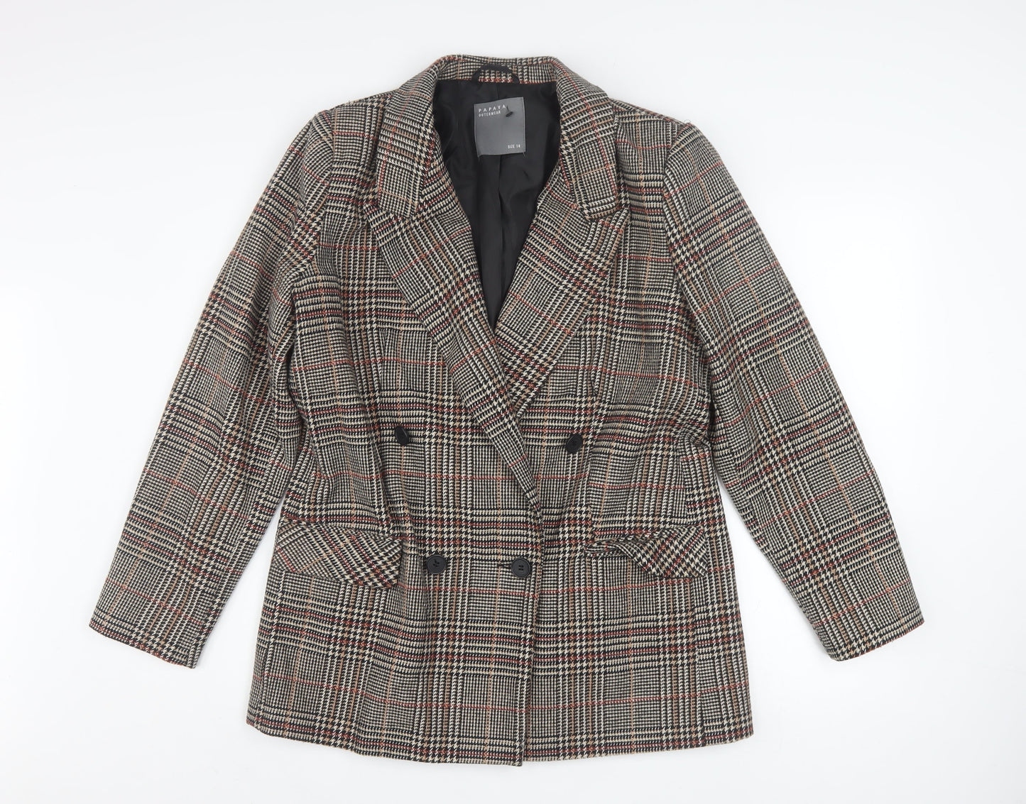 Papaya Women Brown Check Blazer Jacket Size 14 Double Breasted Classic