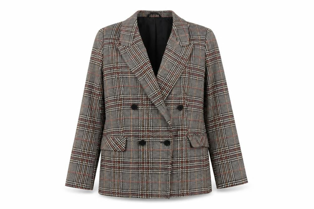 Papaya Women Brown Check Blazer Jacket Size 14 Double Breasted Classic