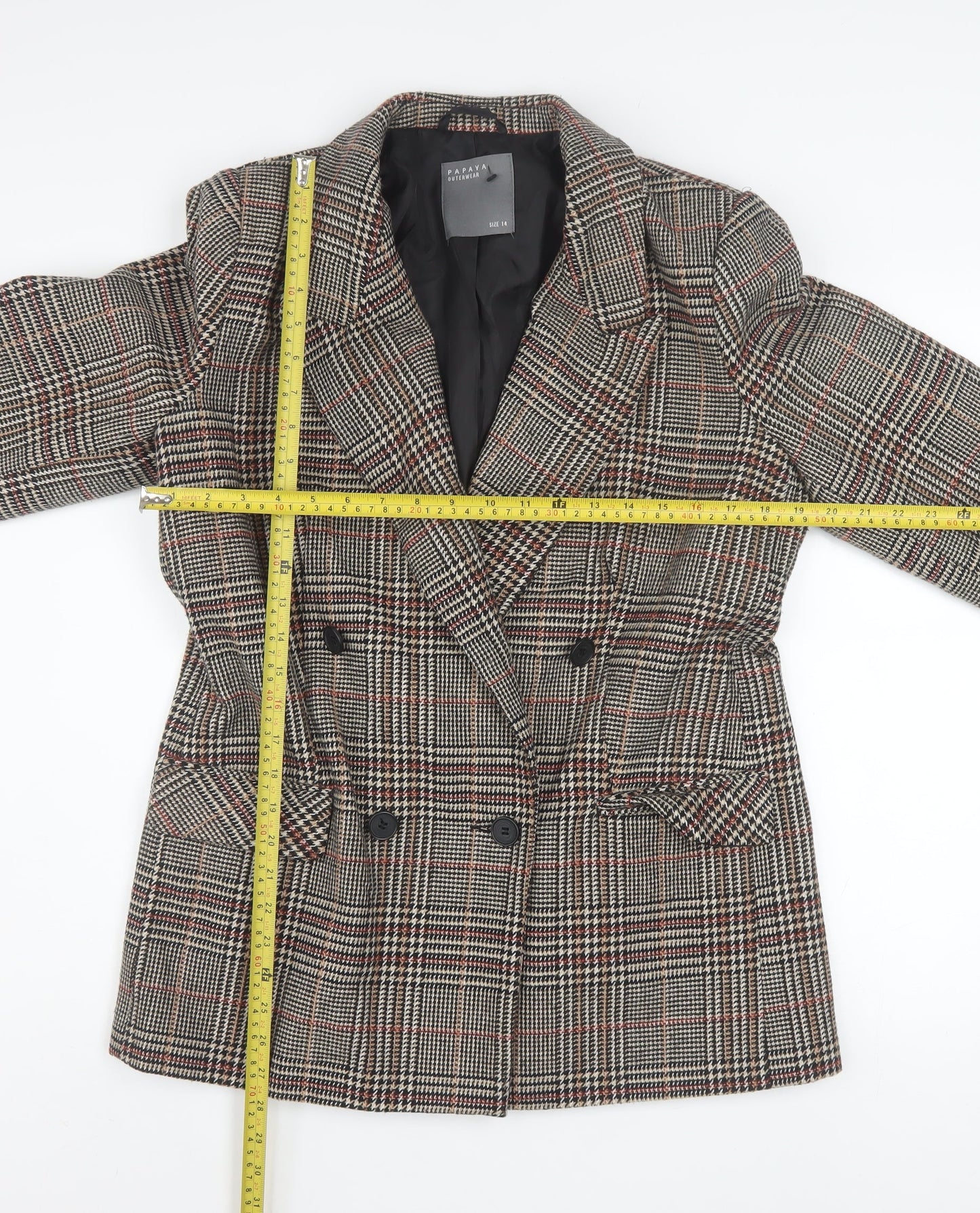 Papaya Women Brown Check Blazer Jacket Size 14 Double Breasted Classic