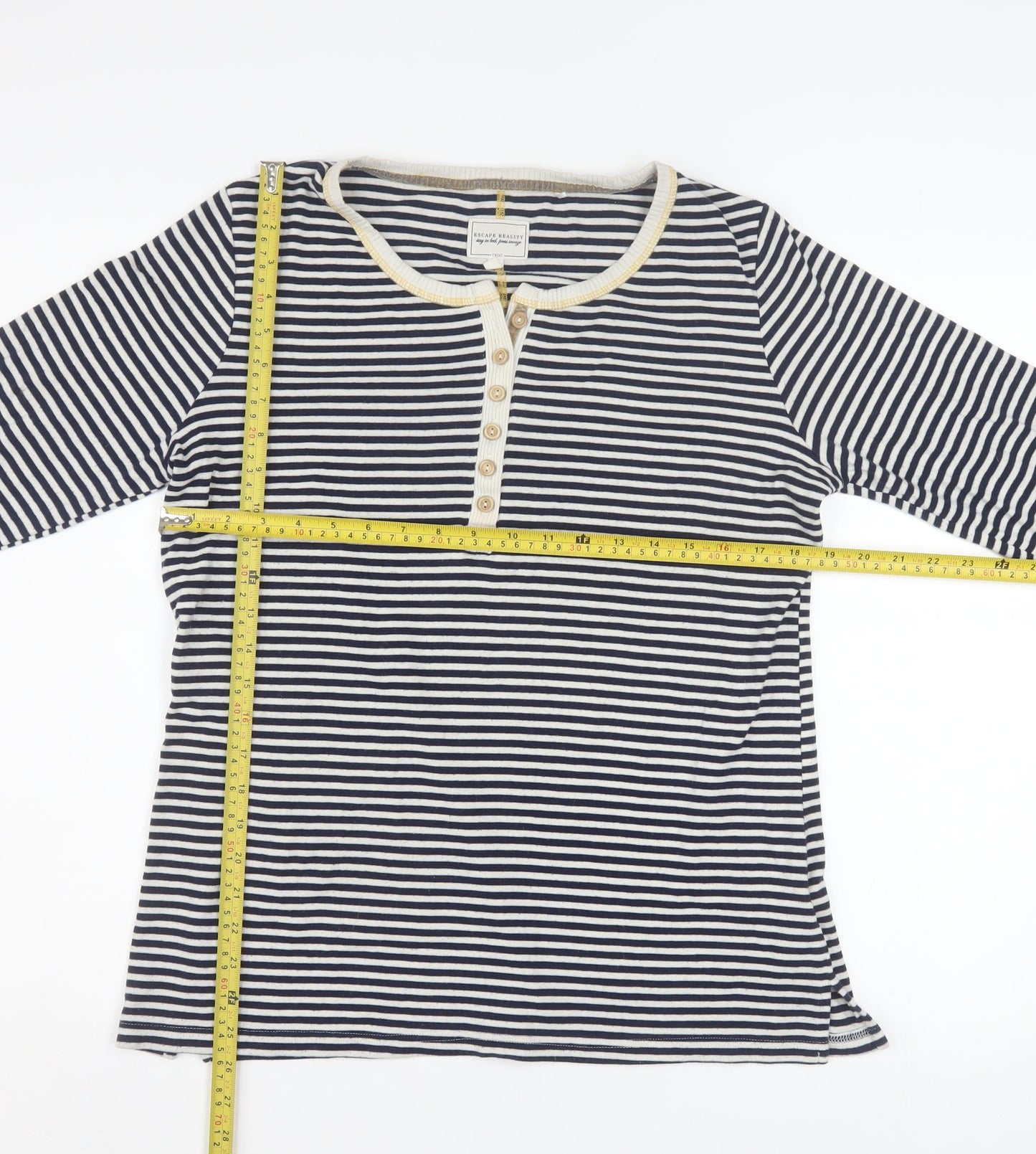 Next Women Navy Stripe Henley Long Sleeve Pullover Top Size 16