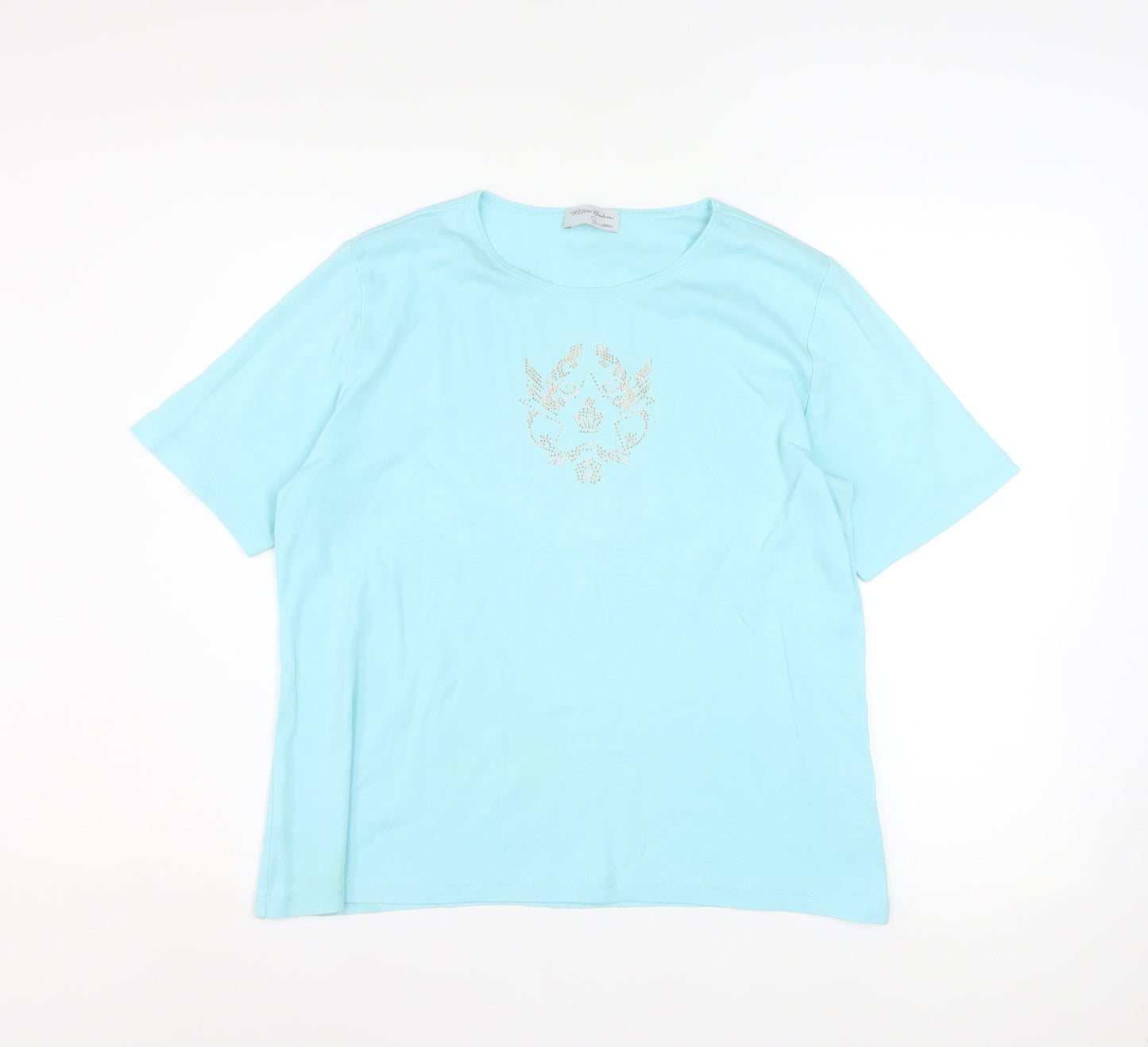 Peter Hahn Women Blue T-Shirt Size 18 Short Sleeve Beaded Cotton