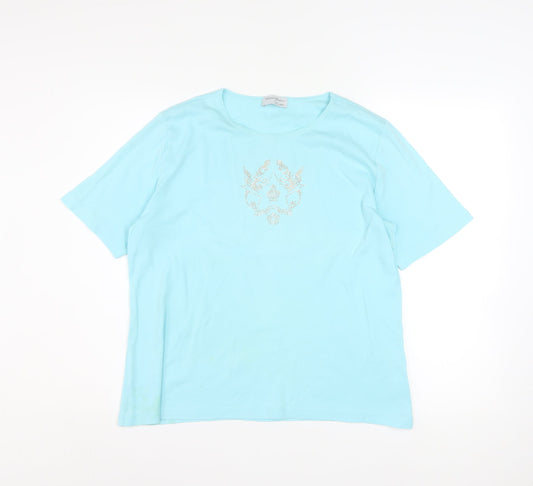 Peter Hahn Women Blue T-Shirt Size 18 Short Sleeve Beaded Cotton