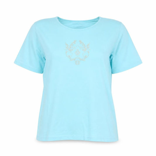 Peter Hahn Women Blue T-Shirt Size 18 Short Sleeve Beaded Cotton