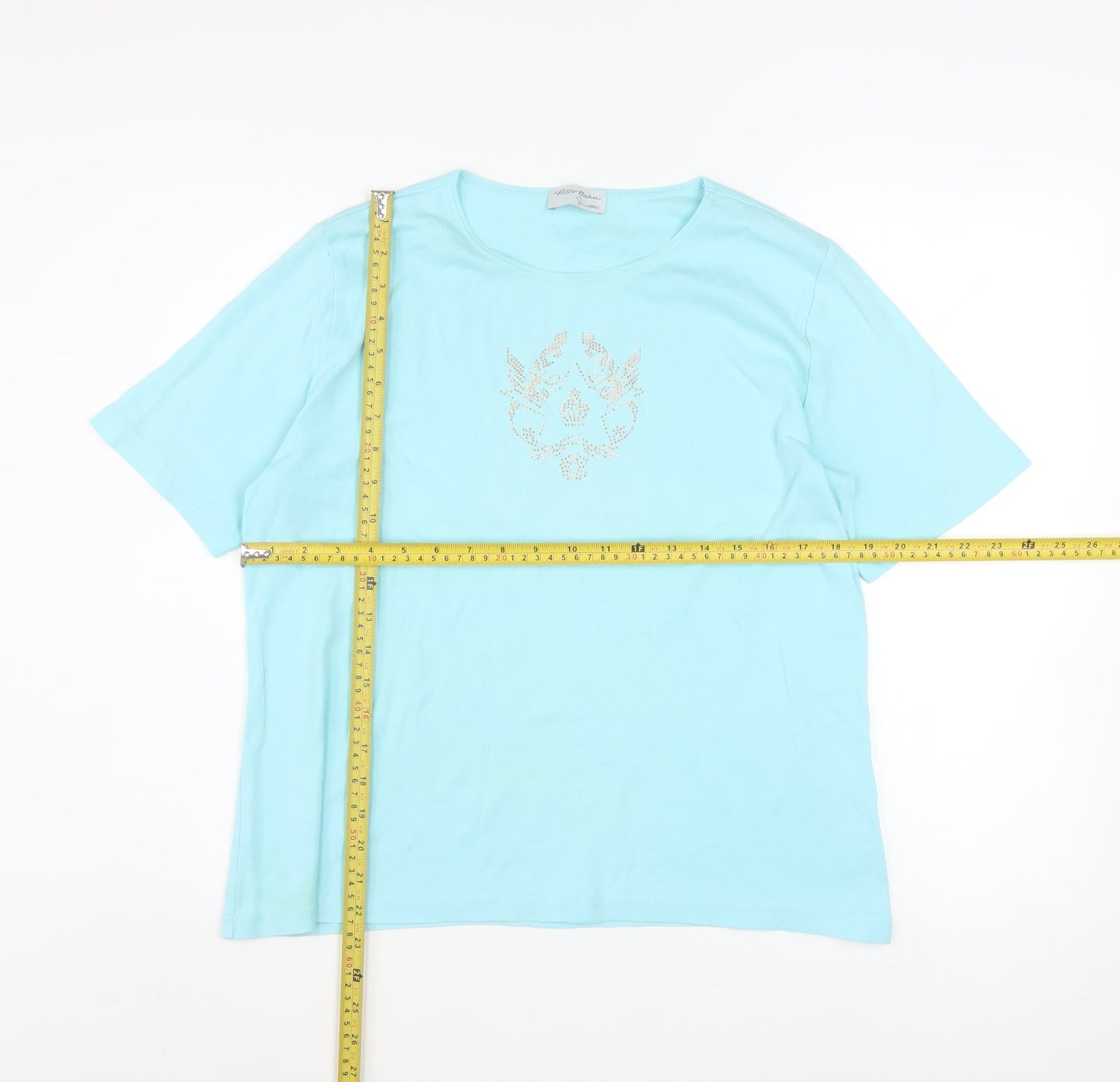 Peter Hahn Women Blue T-Shirt Size 18 Short Sleeve Beaded Cotton