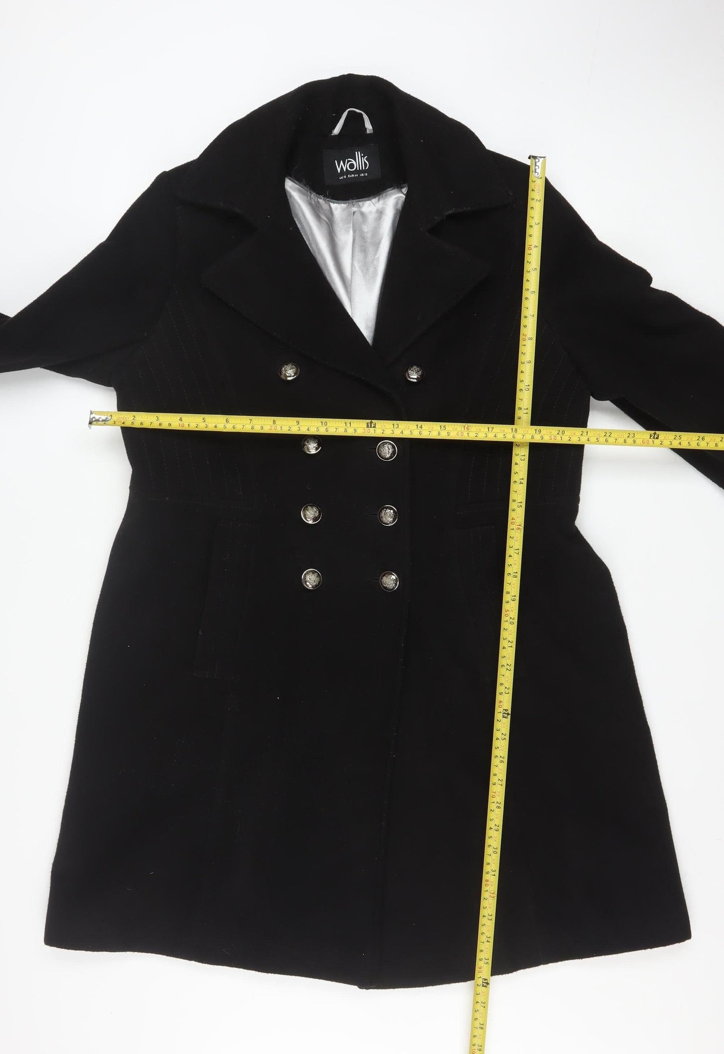 Wallis Women’s Black Long Pea Coat UK 16 Lined Button Classic Style