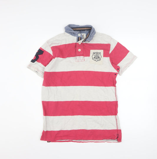 Next Men's Red Striped Polo Shirt Small Cotton Button Collar