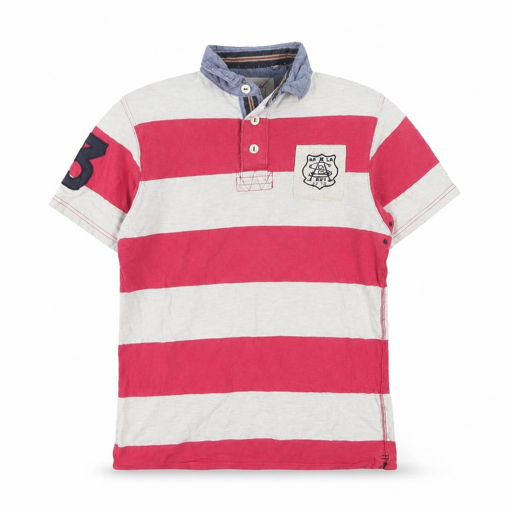 Next Men's Red Striped Polo Shirt Small Cotton Button Collar