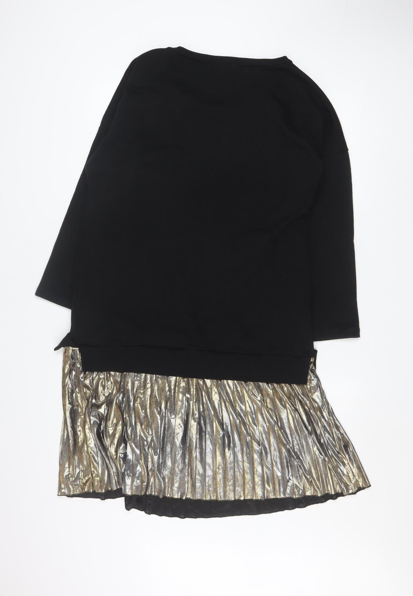 Sans Souci Women's Black Gold Shift Dress L Long Sleeve Pleated Hem