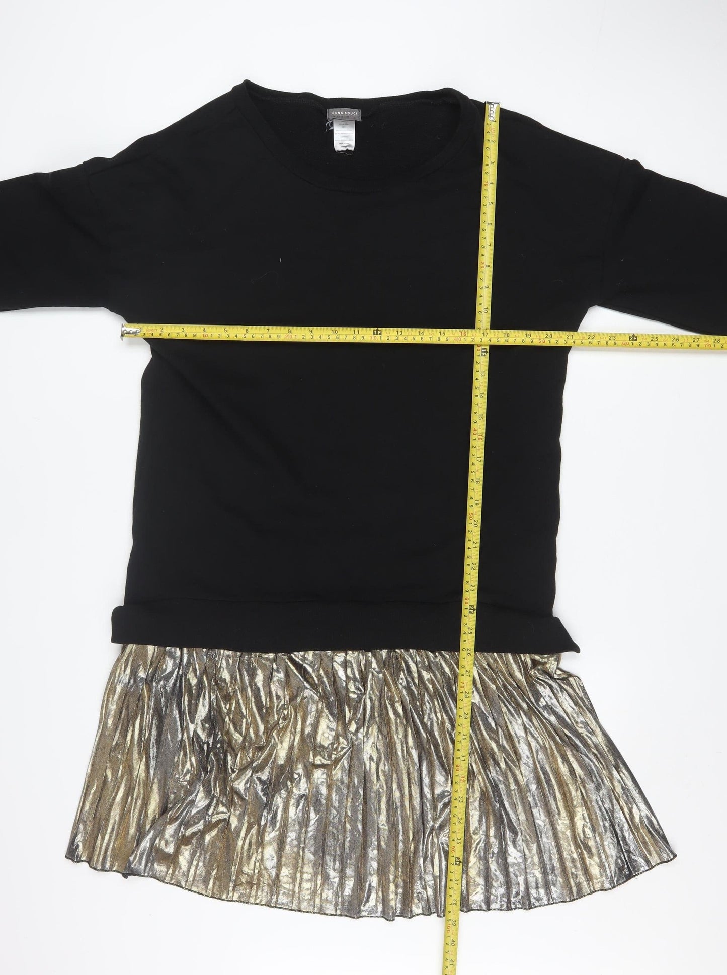 Sans Souci Women's Black Gold Shift Dress L Long Sleeve Pleated Hem