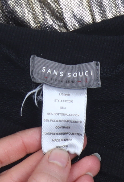Sans Souci Women's Black Gold Shift Dress L Long Sleeve Pleated Hem