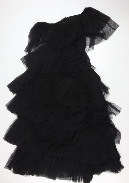 Warehouse Women’s Black One Shoulder Asymmetric Ruffle Midi Dress UK 8